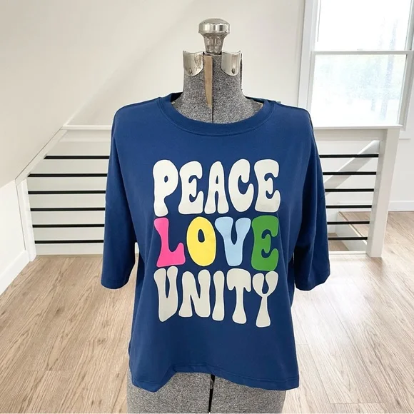 NWT M peace, love, unity, royal blue, short sleeve, oversize loose fit T-shirt - Picture 3 of 6